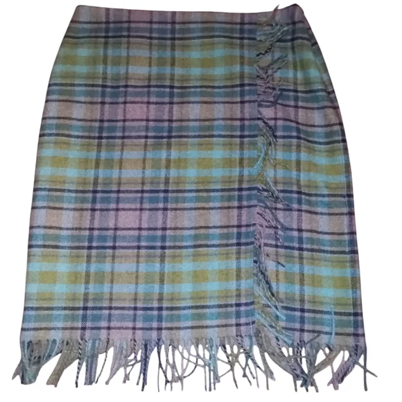J Jill Plaid & Fringed Skirt Grey Blue Green Size 14P Lined - Picture 5 of 9